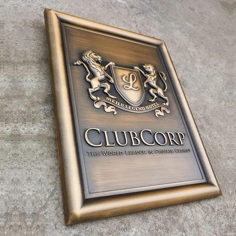 Custom embossed metal sign with raised relief lettering